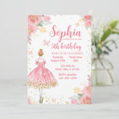 Roze goudglitter ballerina verjaardagsuitnodiging kaart (Staand voorkant)