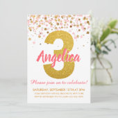 Roze goudglitter Confetti Girl Derde verjaardag Kaart (Staand voorkant)