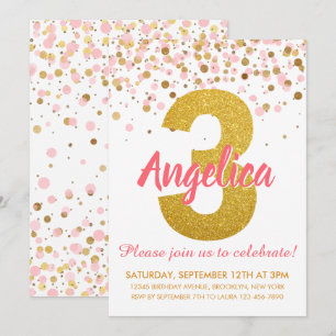 Roze goudglitter Confetti Girl Derde verjaardag Kaart