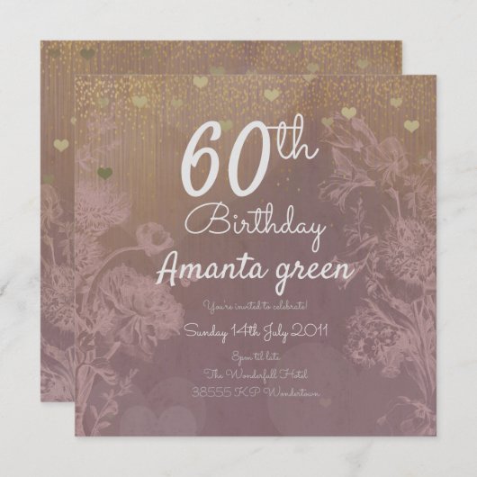 Roze goudglitter harten 60e verjaardag kaart (Voorkant / Achterkant)