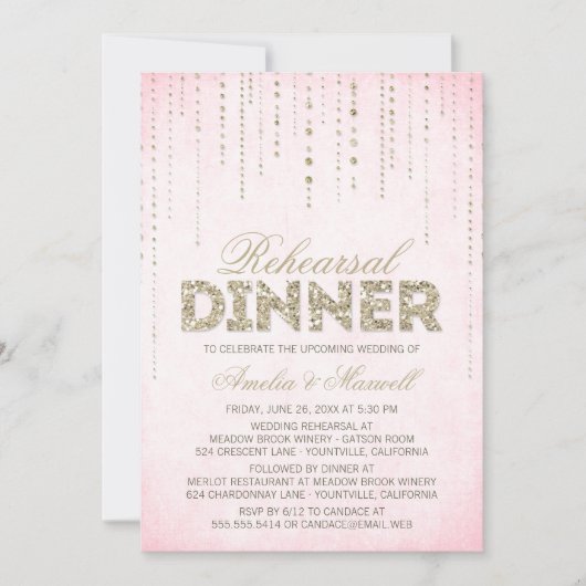 Roze & goudglitter look repetitief diner uitnodigi kaart (Voorkant)