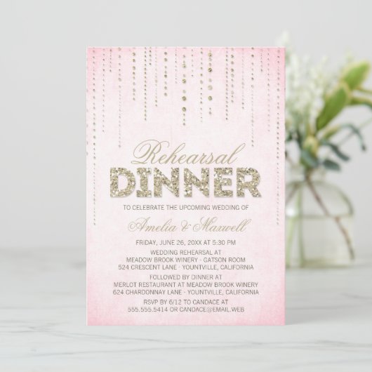 Roze & goudglitter look repetitief diner uitnodigi kaart (Staand voorkant)