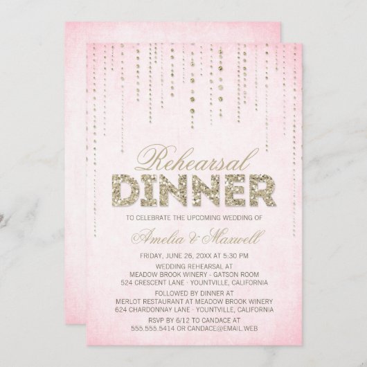 Roze & goudglitter look repetitief diner uitnodigi kaart (Voorkant / Achterkant)