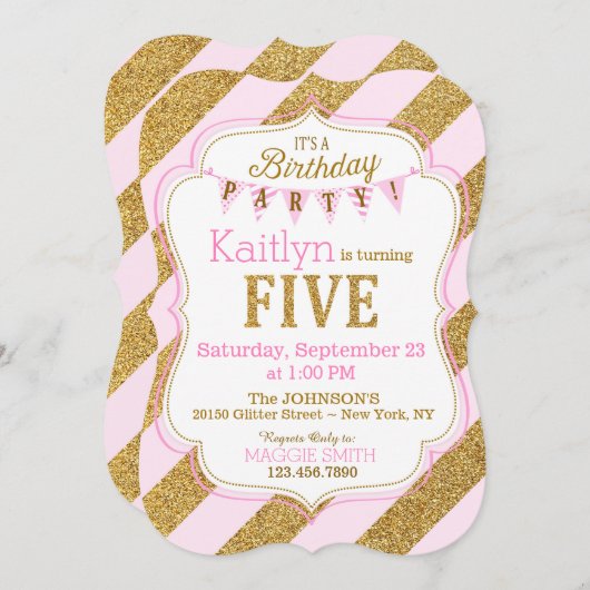 Roze goudglitter Sparkle Vijfde verjaardag Uitnodi Kaart (Voorkant / Achterkant)