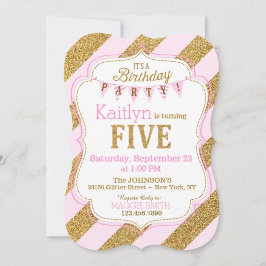 Roze goudglitter Sparkle Vijfde verjaardag Uitnodi Kaart (Voorkant)