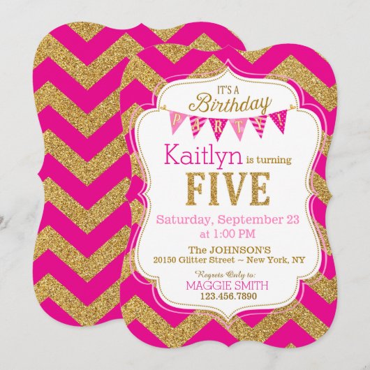 Roze goudglitter Sparkle Vijfde verjaardag Uitnodi Kaart (Voorkant / Achterkant)
