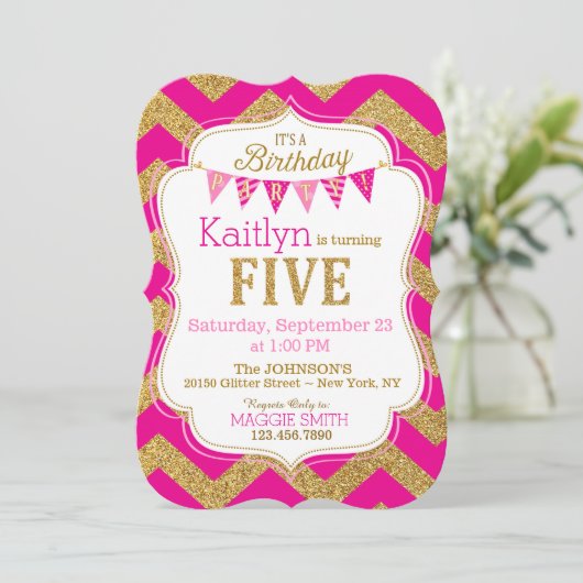 Roze goudglitter Sparkle Vijfde verjaardag Uitnodi Kaart (Staand voorkant)