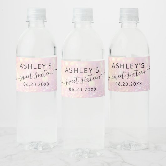 Roze goudglitter sparkles bokeh gezoet 16 waterfles etiket (Flessen)