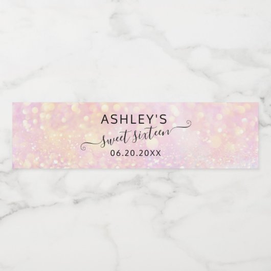 Roze goudglitter sparkles bokeh gezoet 16 waterfles etiket (Enkel label)
