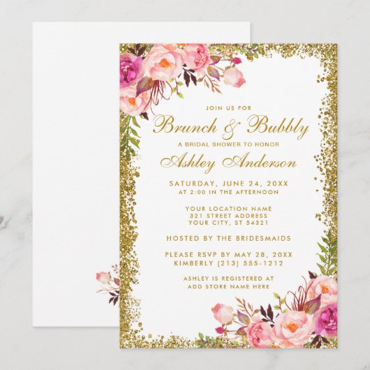 Roze goudglitter Vrijgezellenfeest Brunch Invite Kaart (Voorkant / Achterkant)