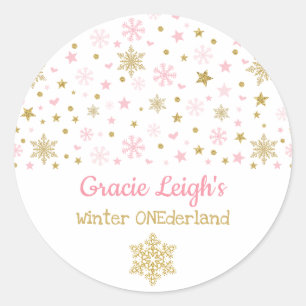 Roze goudglitter Winter Snowflake ONEderland Baby Ronde Sticker