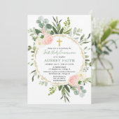 Roze goudgroene eucalyptus Eerste Heilige Communie Kaart (Staand voorkant)