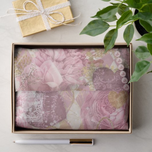 Roze goudharlequin Harten Harten Floral Tissuepapier (Geschenk)
