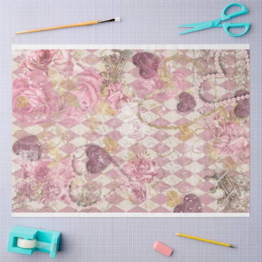 Roze goudharlequin Harten Harten Floral Tissuepapier (Craft)
