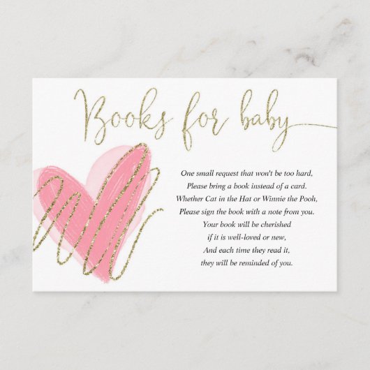 Roze goudharten valentijnen meisjesboeken voor bab informatiekaartje (Voorkant)