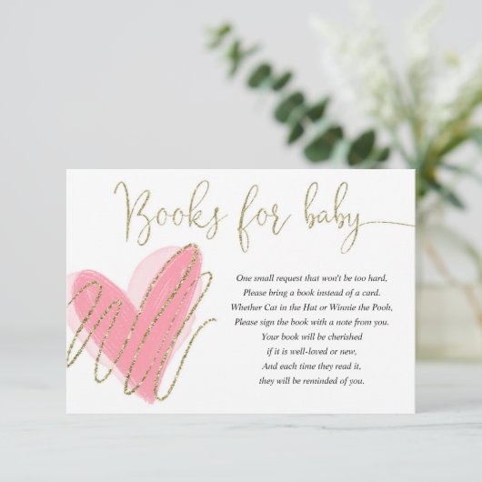 Roze goudharten valentijnen meisjesboeken voor bab informatiekaartje (Staand voorkant)