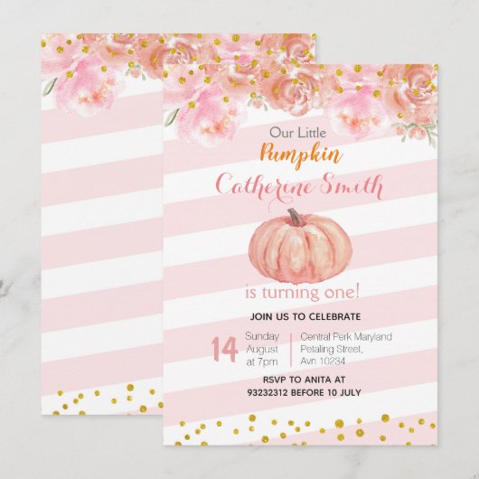 Roze goudHerfst Floral Pumpkin 1ste verjaardag Kaart (Voorkant / Achterkant)