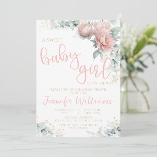 Roze goudkleurig baby shower uitnodiging (Staand voorkant)