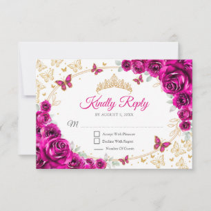 Roze Goudkleurige Bloem Quinceanera Antwoordkaart RSVP Kaartje