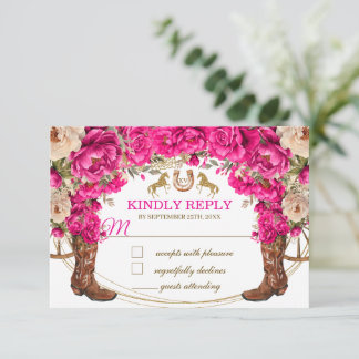 Roze Goudkleurige Cowboylaarzen Quinceañera RSVP Notitiekaartje