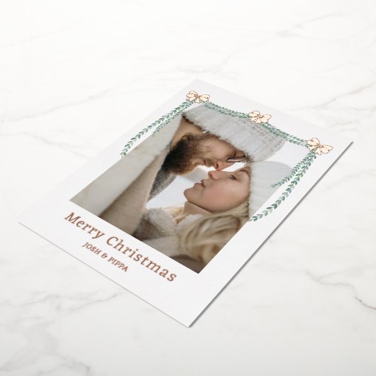 Roze goudkleurige lintboog slinger Kerstmis foto Folie Feestdagenkaart (Gedraaid)