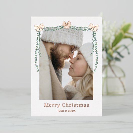 Roze goudkleurige lintboog slinger Kerstmis foto Folie Feestdagenkaart (Staand Voorkant)