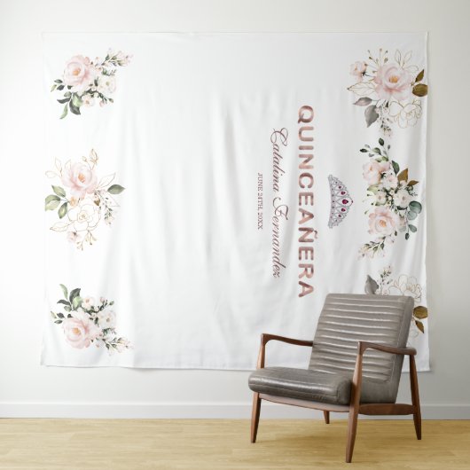 Roze goudkleurige Quinceañera-prop met bloemmotief Wandkleed (In Situ (horizontaal))