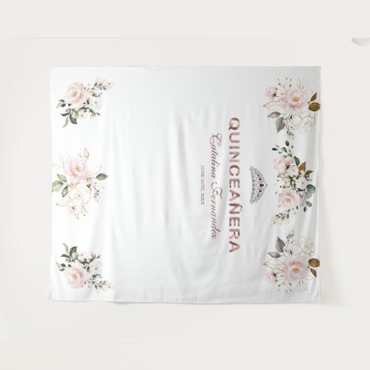 Roze goudkleurige Quinceañera-prop met bloemmotief Wandkleed (Voorkant (horizontaal))