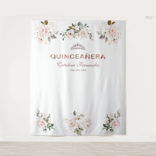 Roze goudkleurige Quinceañera-prop met bloemmotief Wandkleed (Voorkant)