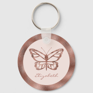 Roze goudkleurige vlinder op roze en naam sleutelhanger
