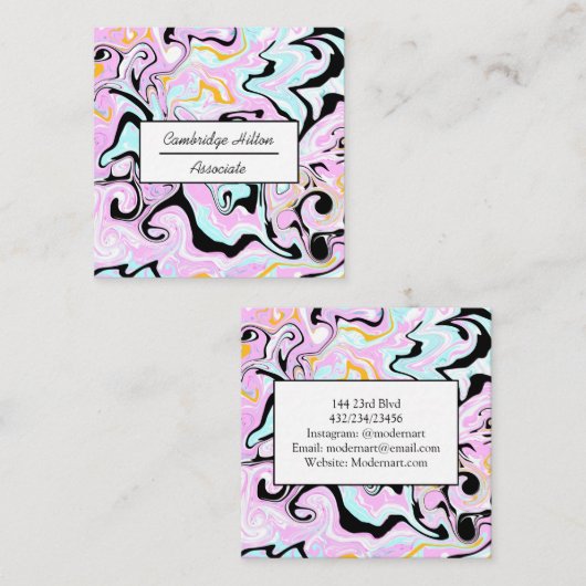 Roze, goudkleurige, zwarte en blauwe marmer vierkante visitekaartje (Voorkant / Achterkant)