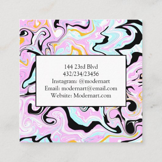 Roze, goudkleurige, zwarte en blauwe marmer vierkante visitekaartje (Achterkant)