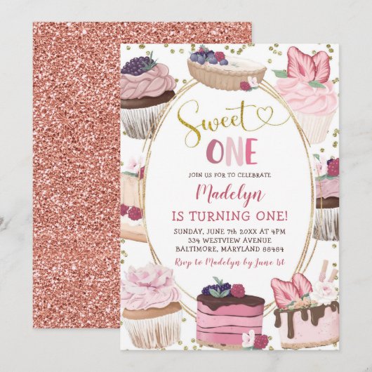 Roze goudkoekjes Zoete uitnodiging van één dag (Voorkant / Achterkant)