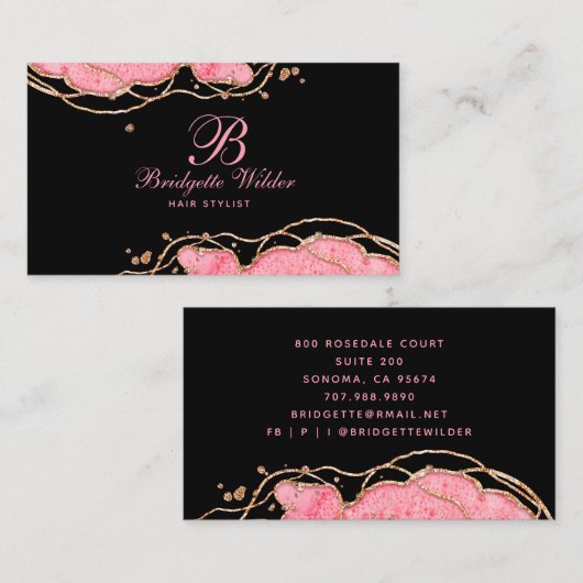 Roze goudmarmer Agate Black Hair Stylist Visitekaartje (Voorkant / Achterkant)
