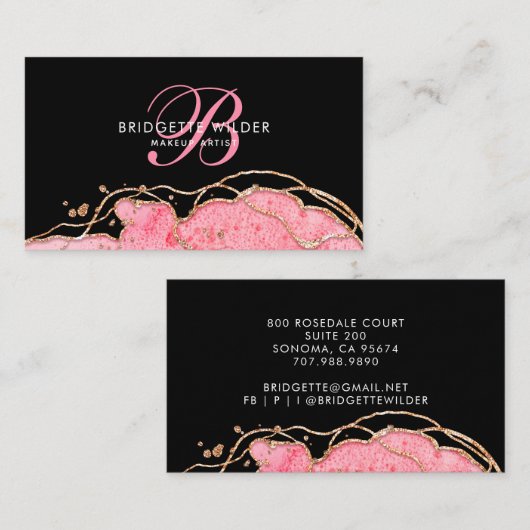 Roze goudmarmer Agate Black Makeup Artist Visitekaartje (Voorkant / Achterkant)