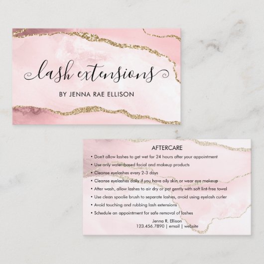 Roze goudmarmer Agate Lash Nazorginstructies Visitekaartje (Voorkant / Achterkant)