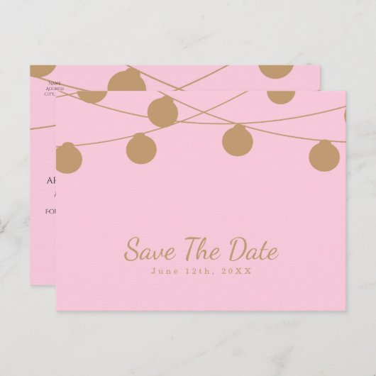 Roze & goudmatige koordlichten sparen de Datum Aankondigingskaart (Voorkant / Achterkant)