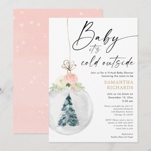 Roze goudmeisje Winter Virtueel baby shower Kaart (Voorkant / Achterkant)