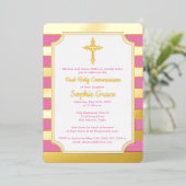 Roze, goudolievlek 1e communiqué, kruis folie uitnodiging (Staand Voorkant)