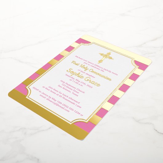 Roze, goudolievlek 1e communiqué, kruis folie uitnodiging (Gedraaid)