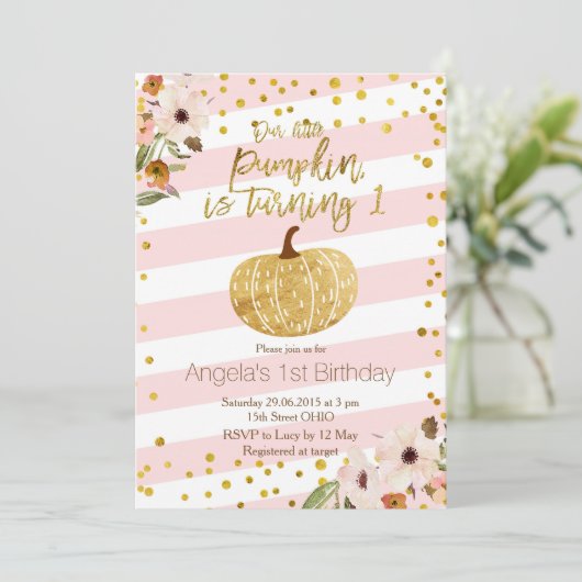 Roze goudpompoen Eerste verjaardag Uitnodiging (Staand voorkant)