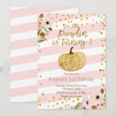 Roze goudpompoen Eerste verjaardag Uitnodiging (Voorkant / Achterkant)