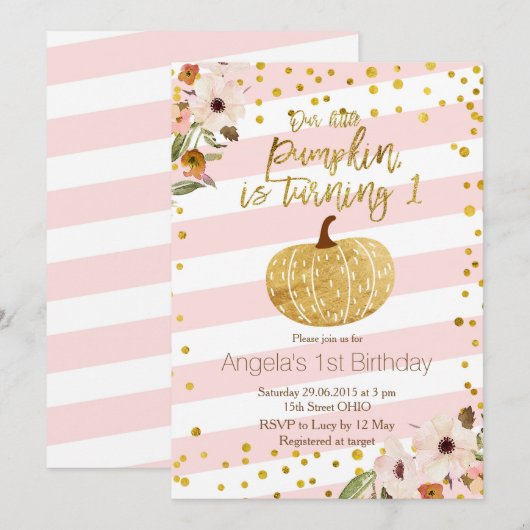 Roze goudpompoen Eerste verjaardag Uitnodiging (Voorkant / Achterkant)