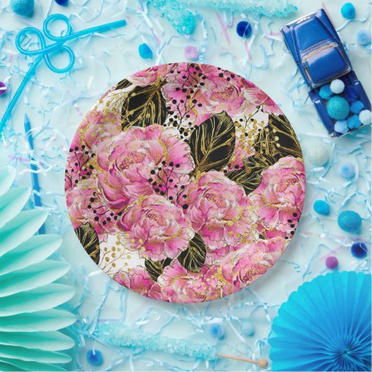 Roze goudpons papieren bordje (Feest)