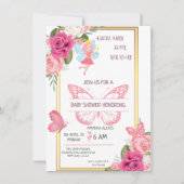 Roze goudRoos Butterfly baby shower uitnodiging (Voorkant)