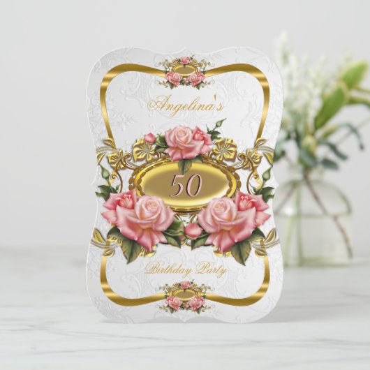  roze goudRozen White 50th Birthday Party Kaart (Staand voorkant)