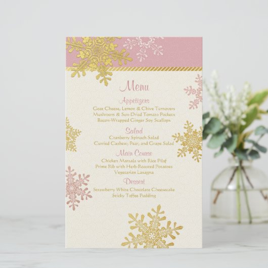 Roze goudsneeuwvlokken Kaart van het winterbruilof (Staand voorkant)