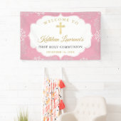 Roze goudsnowflakes Winter Eerste communiqué banne Spandoek (Insitu)