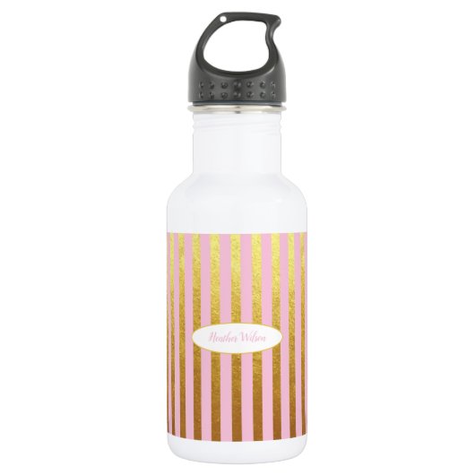 Roze & goudstrip Water Flacon met naam Waterfles (Voorkant)