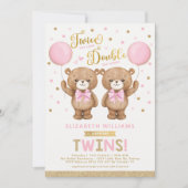Roze goudtijger Bear Balloon Twin Girl Baby shower Kaart (Voorkant)